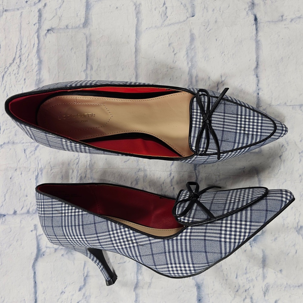 Liz Claiborne Plaid Pumps Women 11 Blue White Pointed Toe Bow Memory Foam Heels